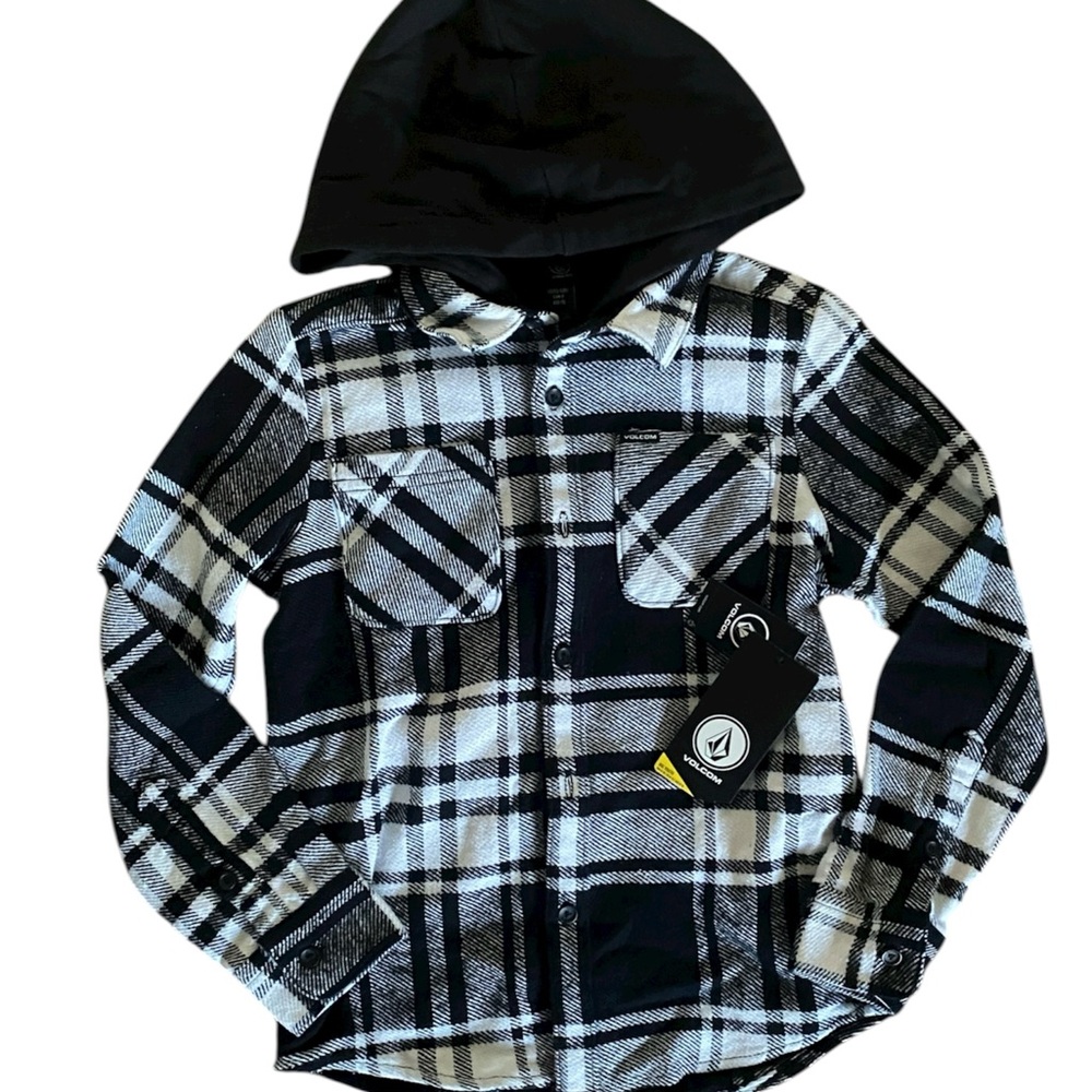 NWT Kids Volcom Black, Gray, & White Woven Plaid Hooded LongSleeve Size Small 8Y